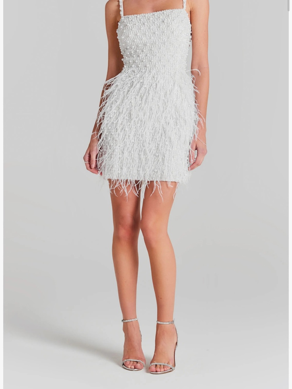 NADINE MERABI White Feather-Trim Mini Dress